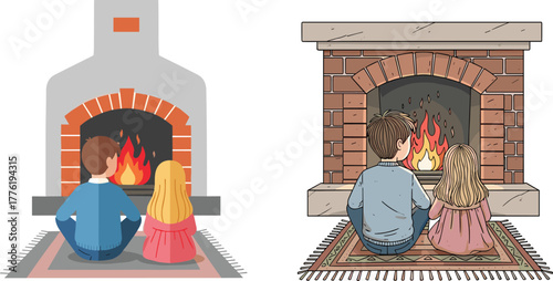 Father and daughter sitting together near cozy fireplace interior, family bonding, warmth, comfort, home relaxation, winter evening, holiday season illustration
