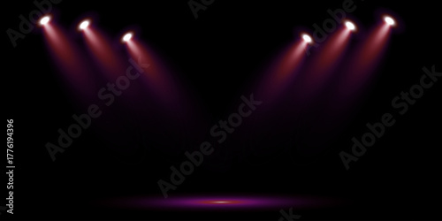 Abstract pink and blue spotlight stage scene. Neon glow beams, sparkle confetti, and magic light effects for concert, dance floor, or festive nightclub party design.
