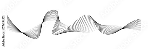 Black wave lines in dynamic curved motion on white background. Minimalist flowing shape with smooth gradient thickness for modern banner or tech design. Abstract vector illustration.