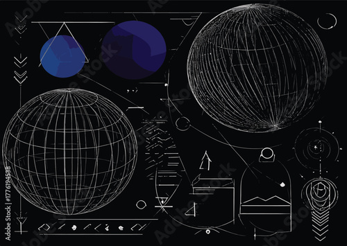 Dark abstract blueprint with spheres geometric shapes and scientific diagrams Keywords: abstract, dark, blueprint