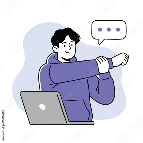 Outline illustration of a person stretching their shoulder while taking a quick break from laptop work.