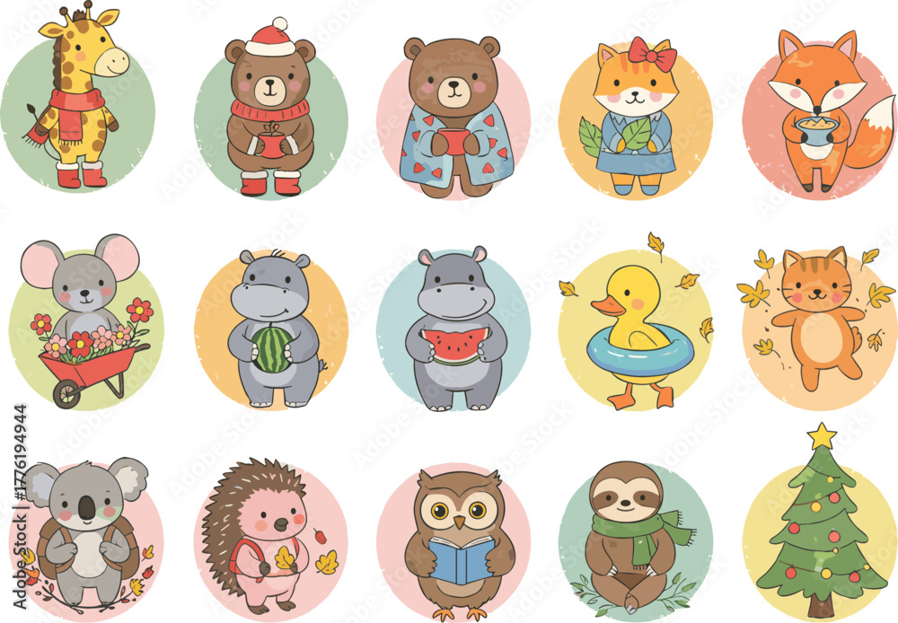 Naklejka premium Cartoon animal character set, cute wildlife icons, seasonal illustration, pastel background, kids clipart, giraffe bear fox duck owl tree