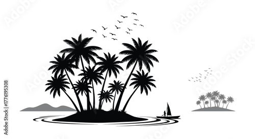 Silhouette of a tropical island with palm trees and a sailboat under a cloudy sky with birds flying