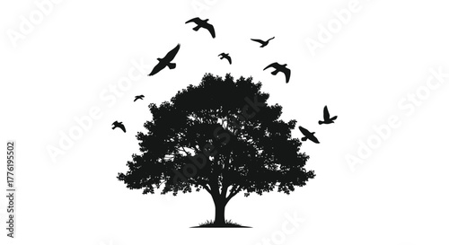 Silhouette of a lush green tree with a flock of birds flying upwards from its branches against a white background