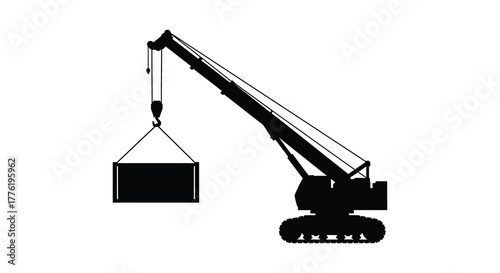 Silhouette of a mobile crane lifting a heavy container on a white background industrial construction site equipment