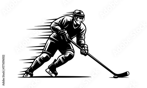 Powerful black and white illustration of a professional ice hockey player skating with incredible speed, depicted in a dynamic action pose