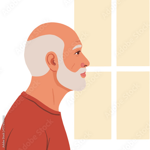 Senior man by the window. Elderly man standing near a window. Older gentleman looking through the window. Mature man pictured by window light. Elderly set