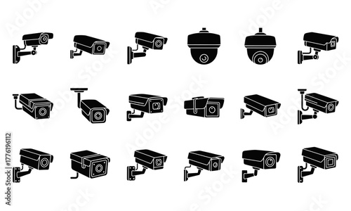 A comprehensive set of black security camera icons, illustrating various CCTV models for surveillance systems and safety monitoring concepts