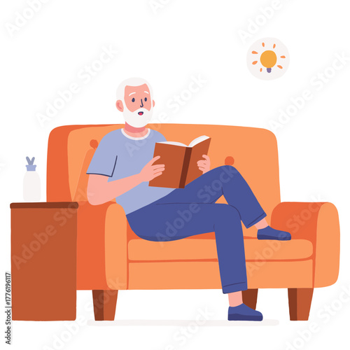 Senior man reading book. Elderly gentleman enjoying a book. Older man sitting and reading. Mature man with a paperback. Elderly set