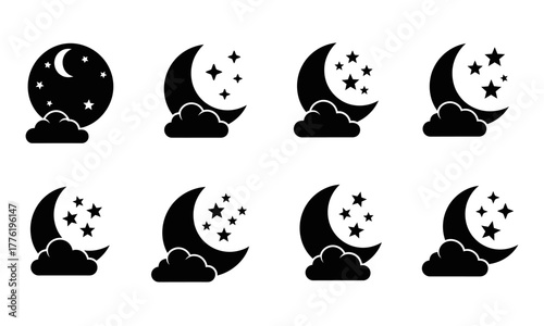 A simple collection of black night sky icons featuring the moon, stars, and clouds. Vector symbols for weather, sleep, and celestial themes