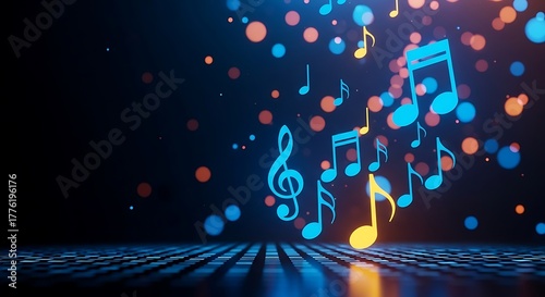 Abstract digital art featuring musical notes and glowing bokeh lights against a dark background.