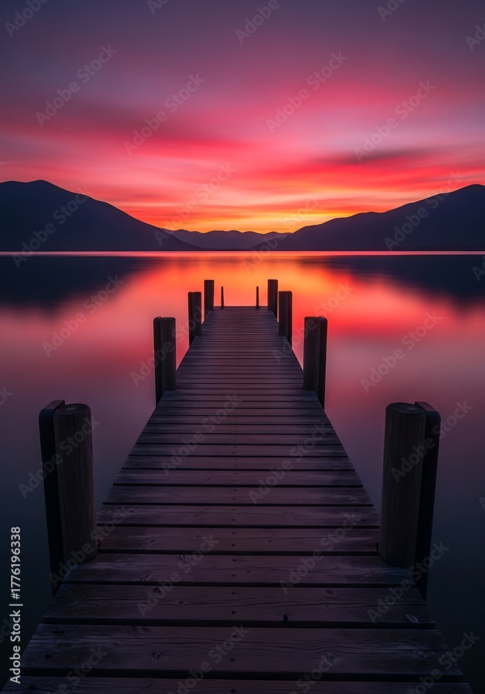 Fototapeta premium Long wooden pier extending into a calm lake, perfectly reflecting a vibrant red and orange sunset sky with distant silhouetted mountains.
