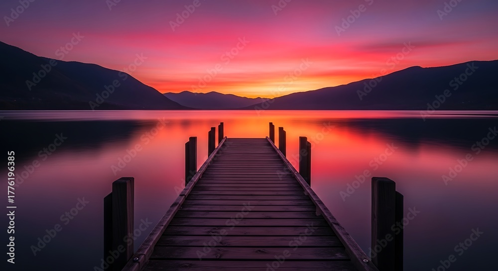 Fototapeta premium Wooden pier extends into a calm lake reflecting the vibrant colors of a stunning sunset.