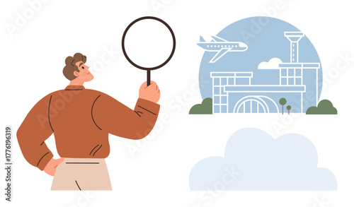 Man holding magnifying glass looks towards an airport terminal with airplane in flight. Ideal for travel, exploration, aviation, analysis, research, tourism, investigation themes. Simple flat