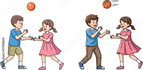 Happy children playing basketball together outdoors, boy and girl throwing ball, fun activity, teamwork, childhood friendship, sports game, active lifestyle illustration