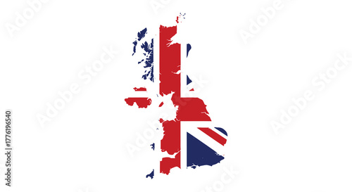 Outline of the united kingdom filled with the union jack flag on a white background