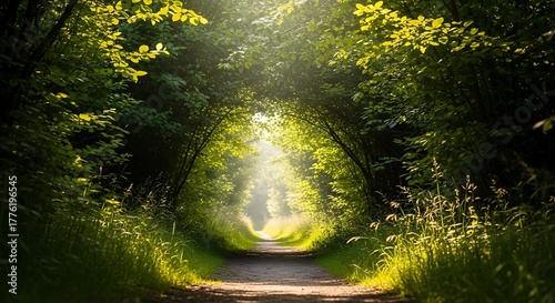 A sunlit path winds through a lush green tunnel of trees, creating a serene and inviting scene.