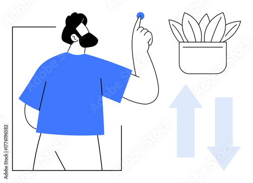 Bearded man in blue shirt touches circular button, minimalist potted plant, two arrows for up and down. Ideal for decision-making, choices, growth, sustainability, innovation, eco-focus