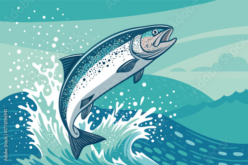 Close-up, high-speed, dynamic fish leaping mid-air, water droplets explode, energetic splash, nature's power, aquatic life, vibrant, detailed, motion blur, natural light, underwater spray.