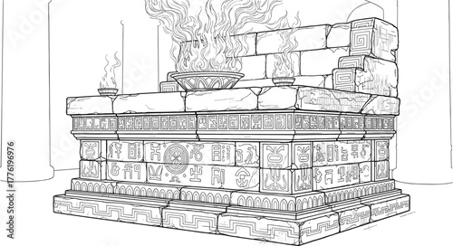 Detailed Ancient Mayan or Aztec Stone Altar with Fire and Hieroglyphs Line Art Vector Illustration