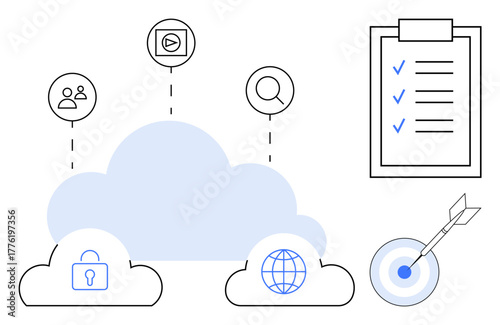 Cloud with icons representing security, networking, media, search, productivity checklist, and target. Ideal for cloud computing, technology, productivity data management strategy remote work