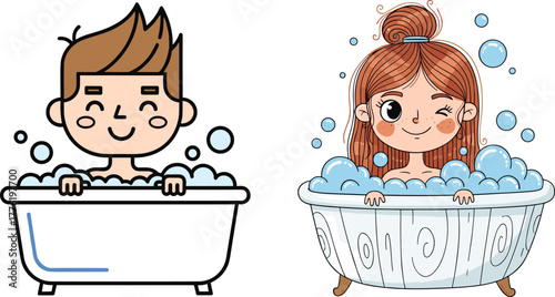 Happy children taking bubble baths, smiling boy and girl in bathtubs with soap foam, playful hygiene, clean lifestyle, cartoon illustration