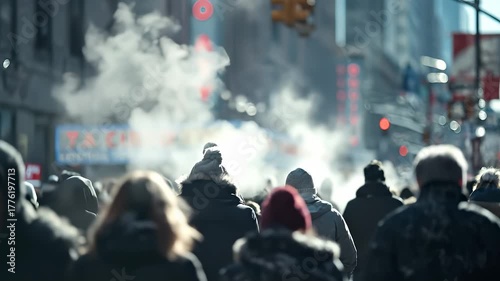 A busy urban street showcases a crowd of people bundled in winter attire as they walk through steam rising from the street. The scene conveys the hustle and bustle of city life.