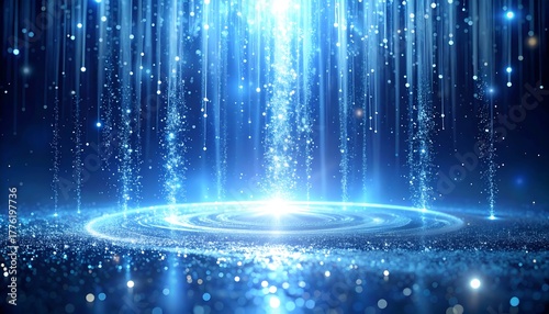 Ethereal blue lights cascade down, forming a sparkling platform below, creating a magical and glowing atmosphere