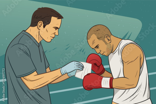 A close-up of a determined boxer receiving an ice pack from a skilled corner cutman during a grueling boxing match break.