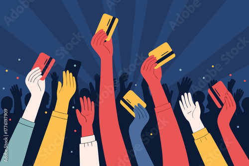 A vibrant, diverse crowd of hands outstretched, clutching credit cards, symbolizing digital commerce, financial empowerment, and consumerism.