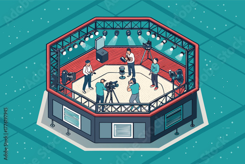 Cutaway view of a brightly lit, modern octagon ring, surrounded by a bustling film crew capturing intense combat.