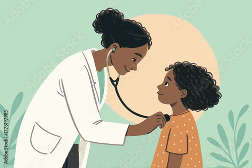 Doctor intently listens to young child's chest with stethoscope, side view, caring medical assessment, pediatric checkup.
