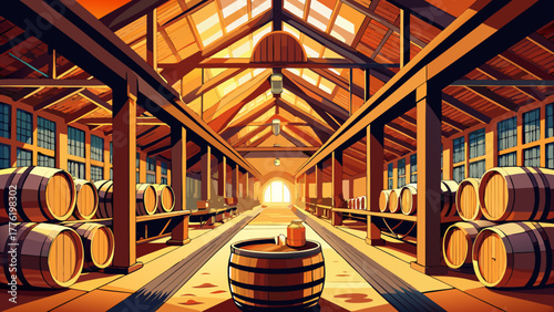 Very beautiful view of Buffalo Trace Distillery in Frankfort, Kentucky, USA, showcasing rows of bourbon barrels aging in wooden storage racks under warm ambient light.