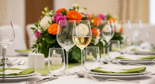 Elegantly Set Table at Formal Event with Floral Centerpiece and Wine