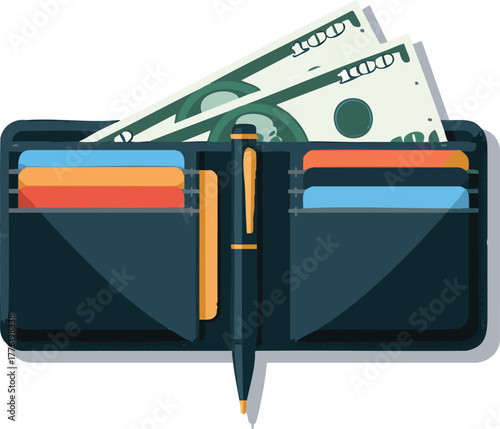 A black wallet containing cash credit cards and a sleek pen