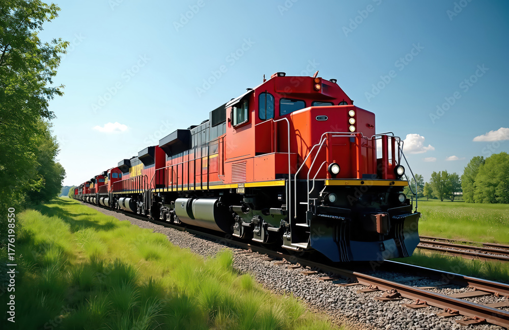 Fototapeta premium Long red freight train travels on tracks through green rural landscape. Modern diesel locomotive hauls cargo under clear blue sky. Rail transport essential for goods delivery, supply chain logistics