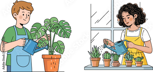Indoor plant care scene with two people watering houseplants, nurturing greenery, promoting sustainable living and cozy home gardening environment.