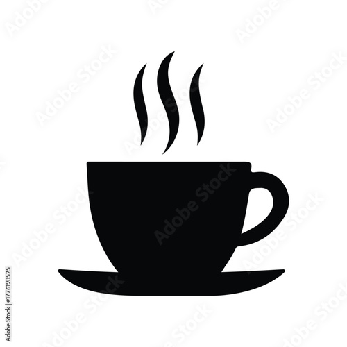 Simple silhouette of a steaming hot coffee cup and saucer on a white background