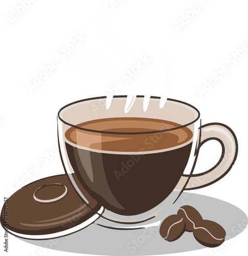 A steaming cup of coffee with chocolate and coffee beans nearby