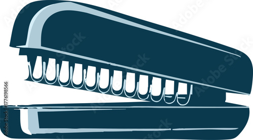 A simple teal colored office stapler shown in an open position