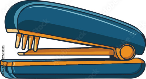 A colorful illustration depicting a classic blue and gold stapler