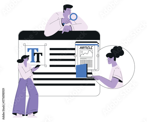Man and Woman Work with Text Editing and Writing Article on Laptop Vector Illustration