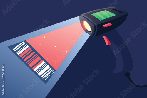 Extreme macro shot of a vibrant green barcode scanner laser beam illuminating intricate barcode lines on a product.