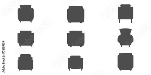 CAD Drawings. Silhouette of Various armchairs top elevation view isolated on white background. Vector illustration.