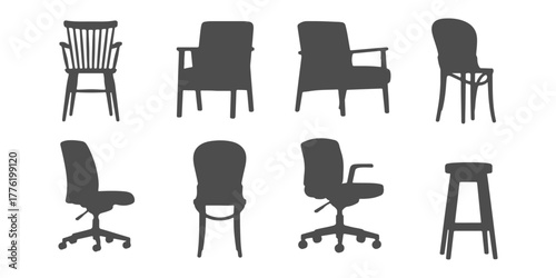 CAD Drawings. Silhouette of Various chairs front view isolated on white background. Vector illustration.