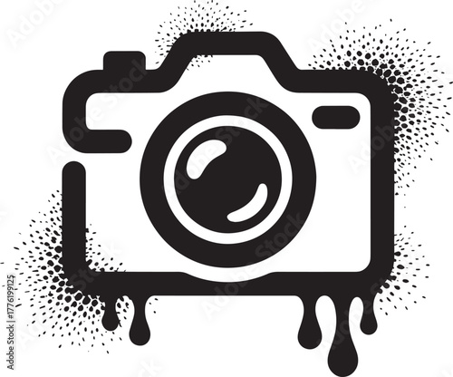 Grunge style photo camera icon with dripping paint and paint splatter effect