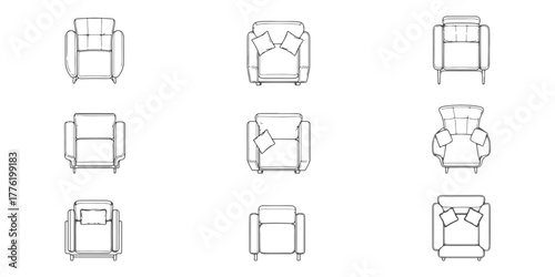 CAD Drawings. Various armchairs top elevation view isolated on white background. Vector illustration.