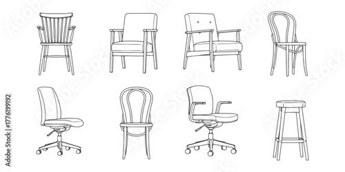 CAD Drawings. Various chairs side view isolated on white background. Vector illustration.
