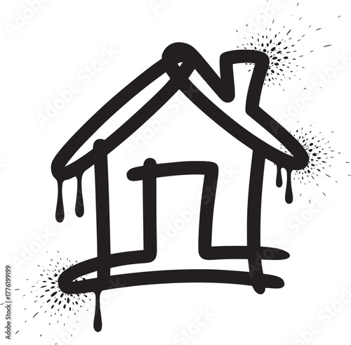 Hand drawn outline house graffiti style dripping black paint effect urban grunge design