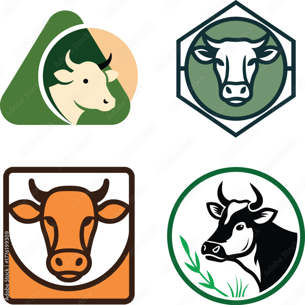 Obraz premium Colorful Cow Logo Icon Set, Dairy Farm Branding Vector Collection